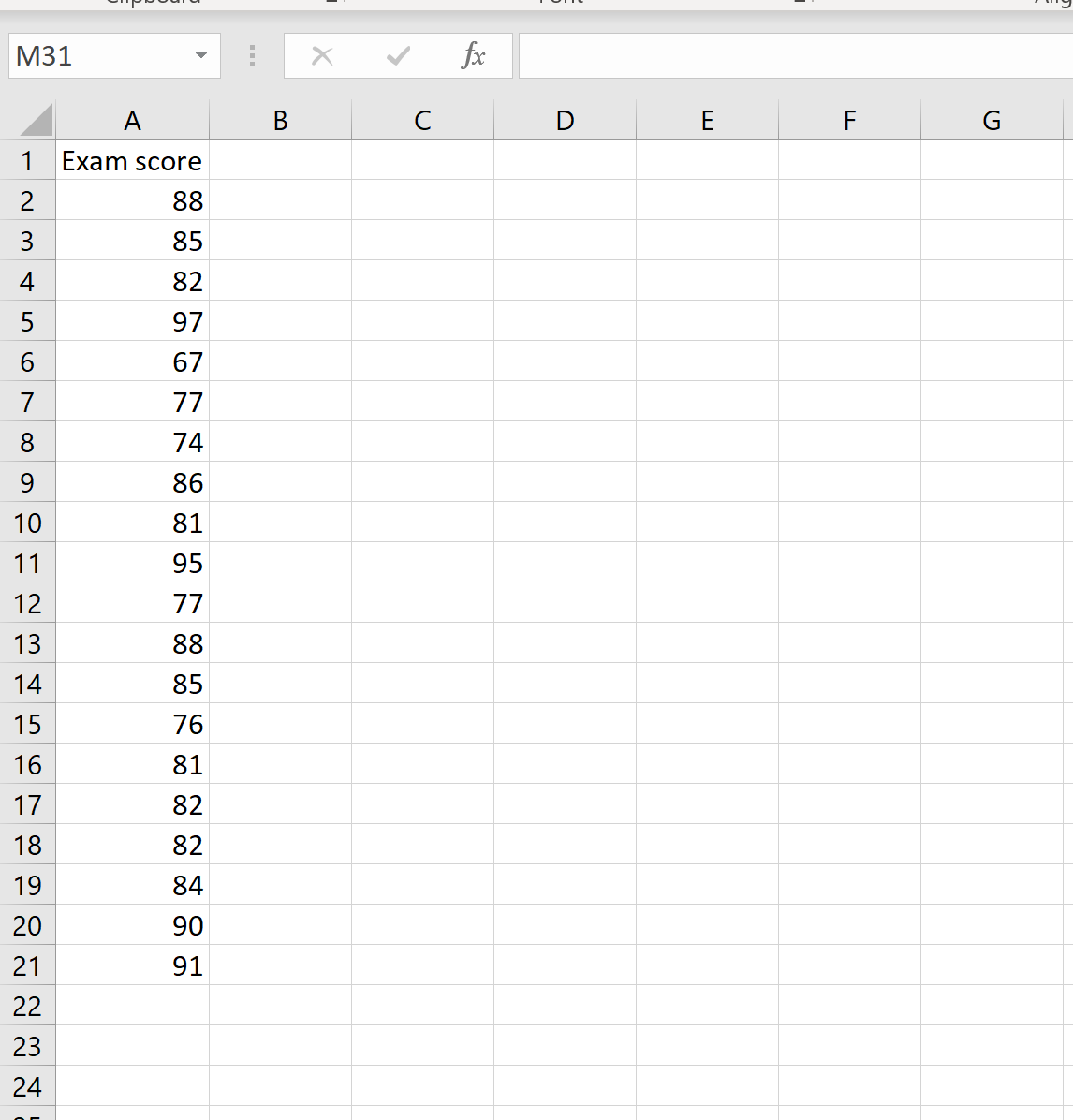 Пример набора данных в Excel