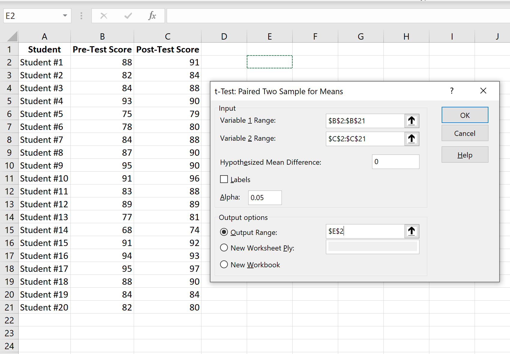 Парные образцы t тестируют входные данные в Excel