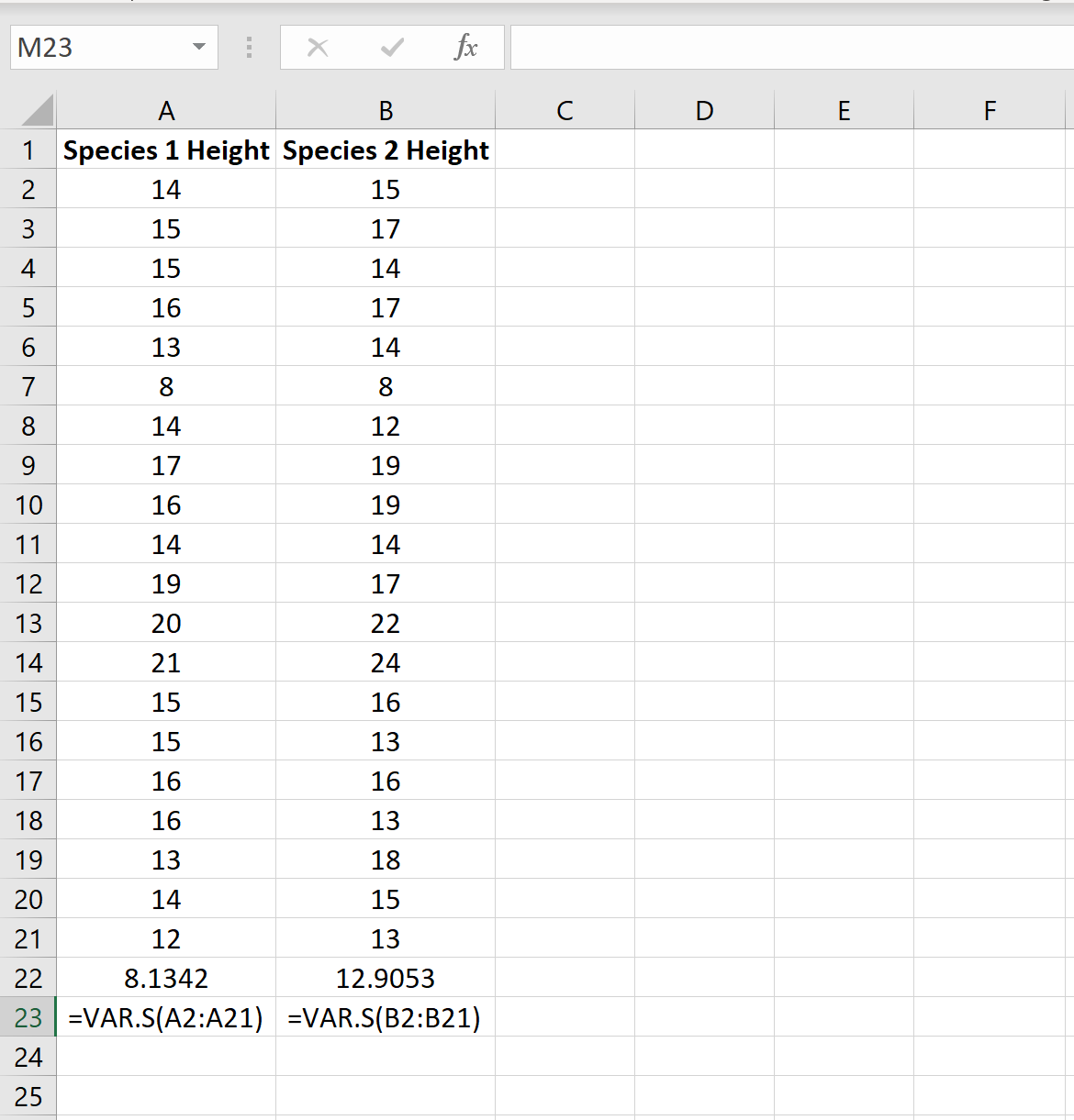Пример нахождения выборочной дисперсии в Excel