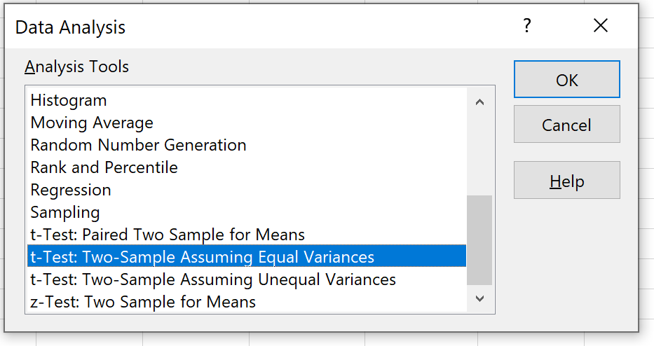 Два образца t-критерия с пакетом инструментов анализа в Excel
