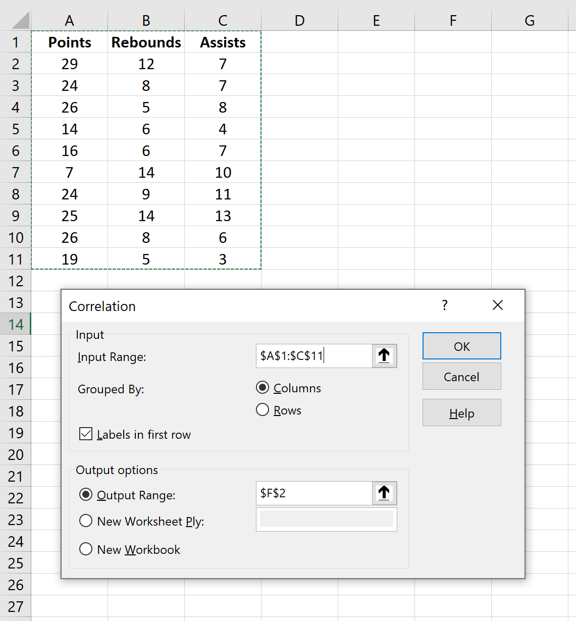 Корреляционная матрица в Excel