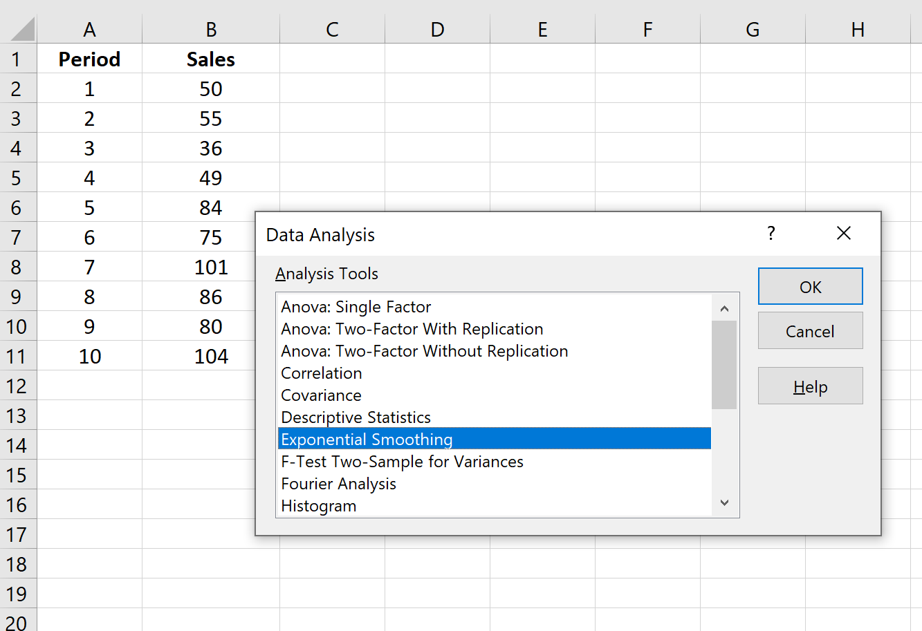 Пример экспоненциального сглаживания в Excel