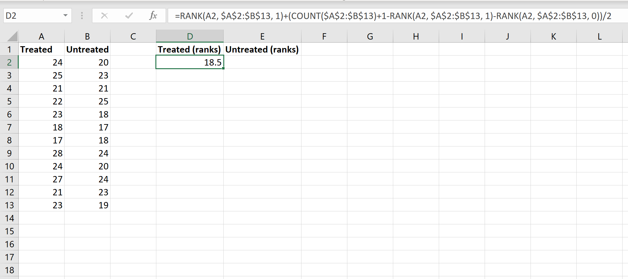 Формула теста Манна-Уитни U в Excel