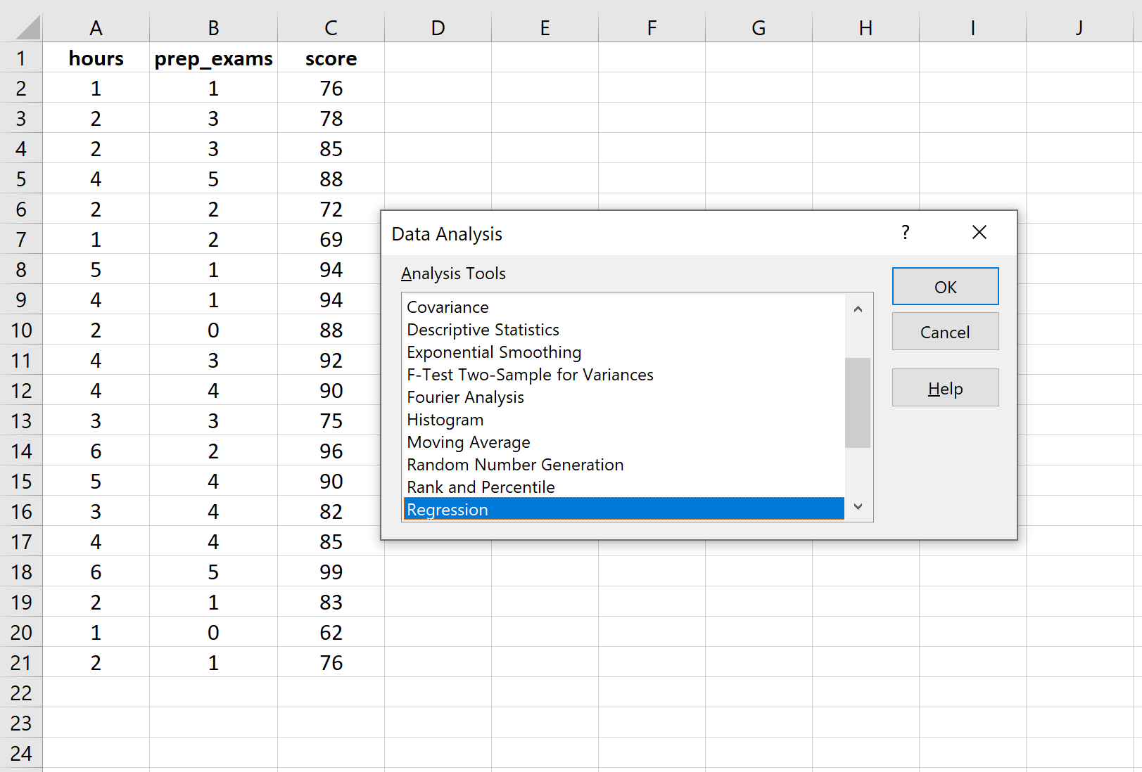 Пример множественной линейной регрессии в Excel
