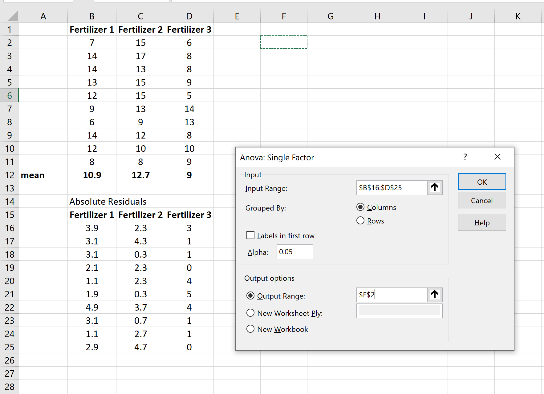 Тест Левена в Excel