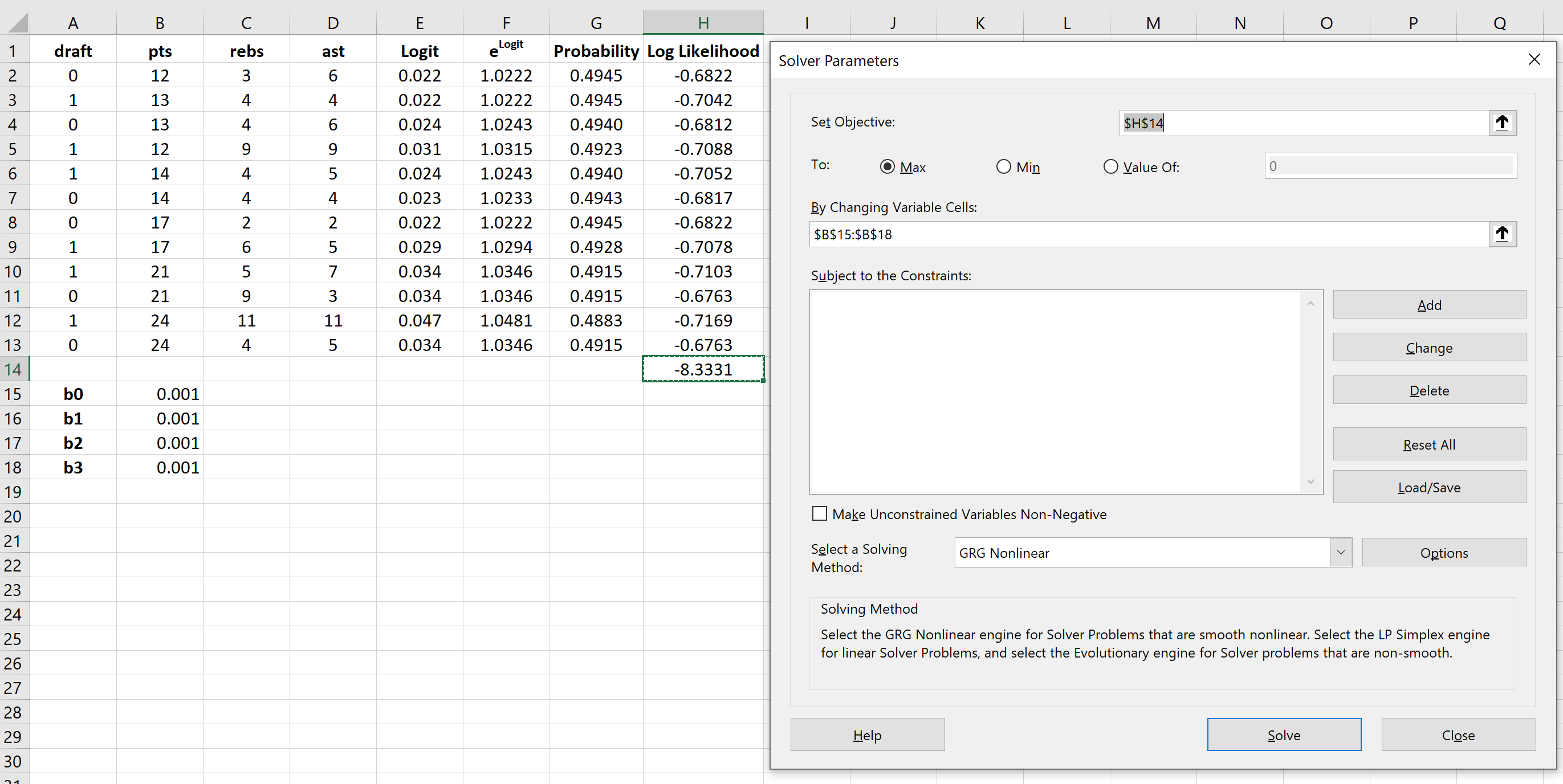 Решатель для модели логистической регрессии в Excel