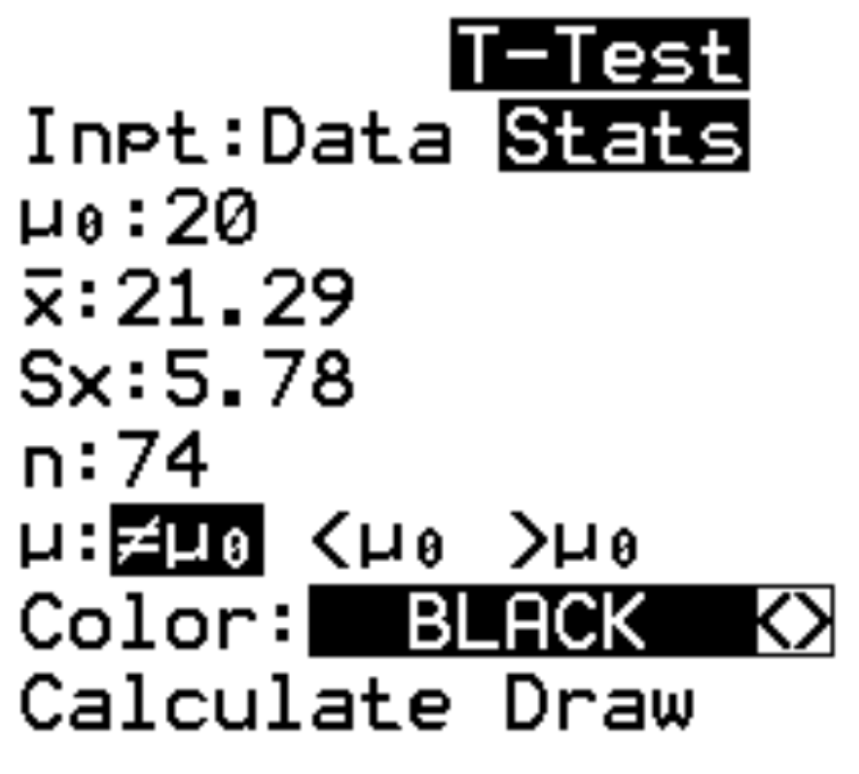 Один образец t-критерия со статистикой в TI-84