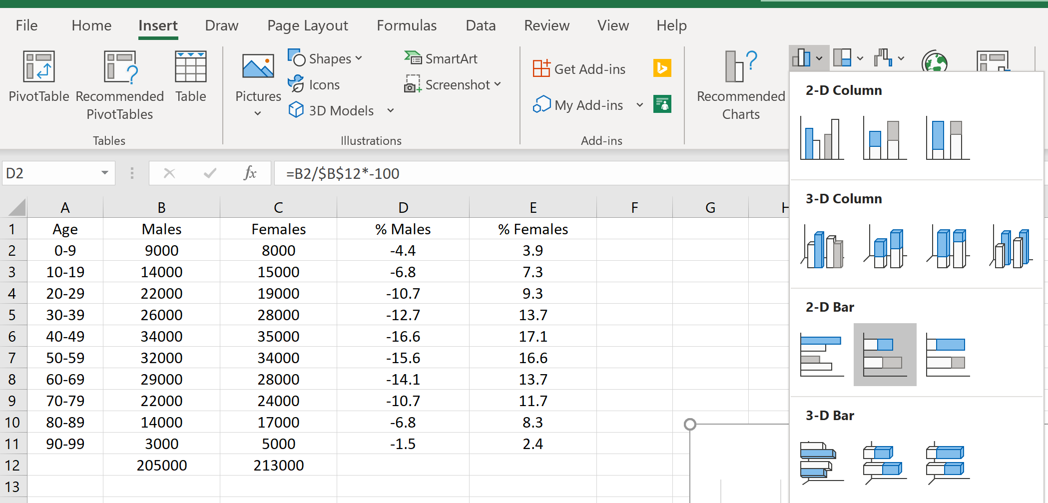 Опция двумерной гистограммы с накоплением в Excel