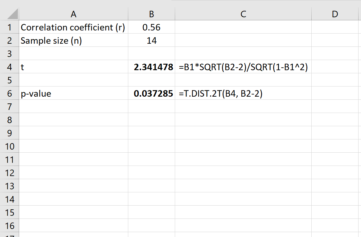Значение P для коэффициента корреляции в Excel