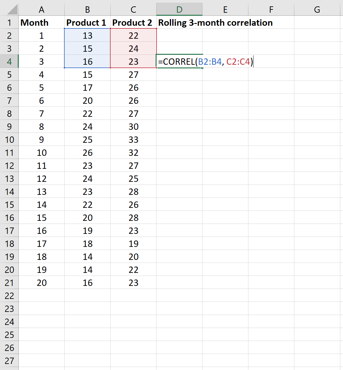 Пример скользящей корреляции в Excel