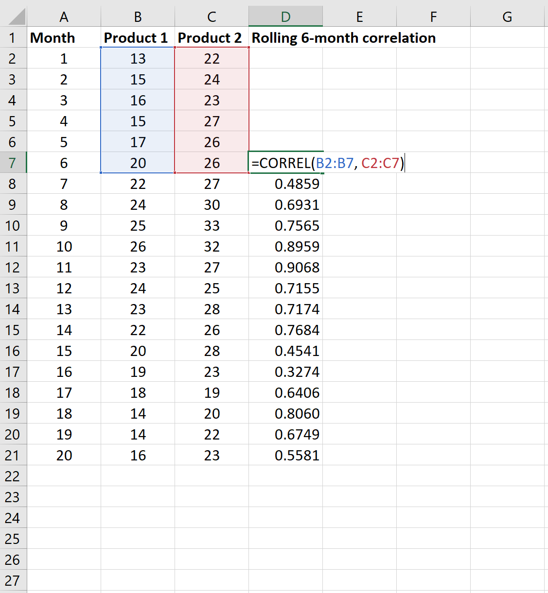 6-месячная скользящая корреляция в Excel