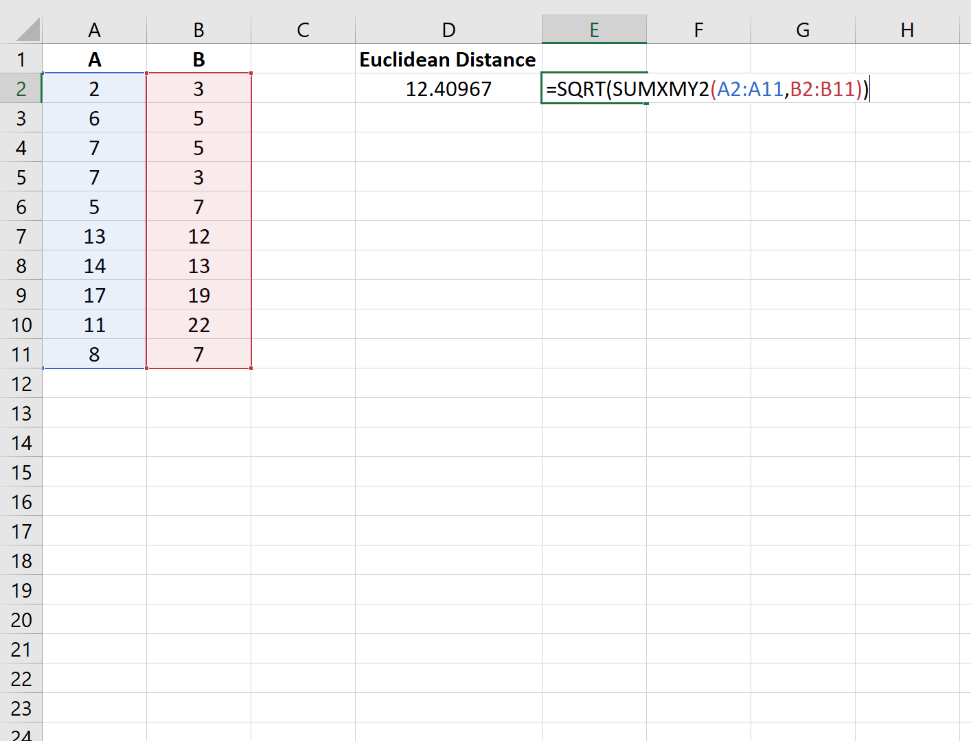 Евклидово расстояние в Excel