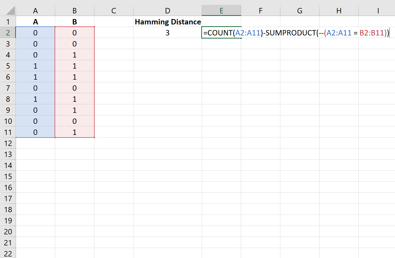 Расстояние Хэмминга в Excel