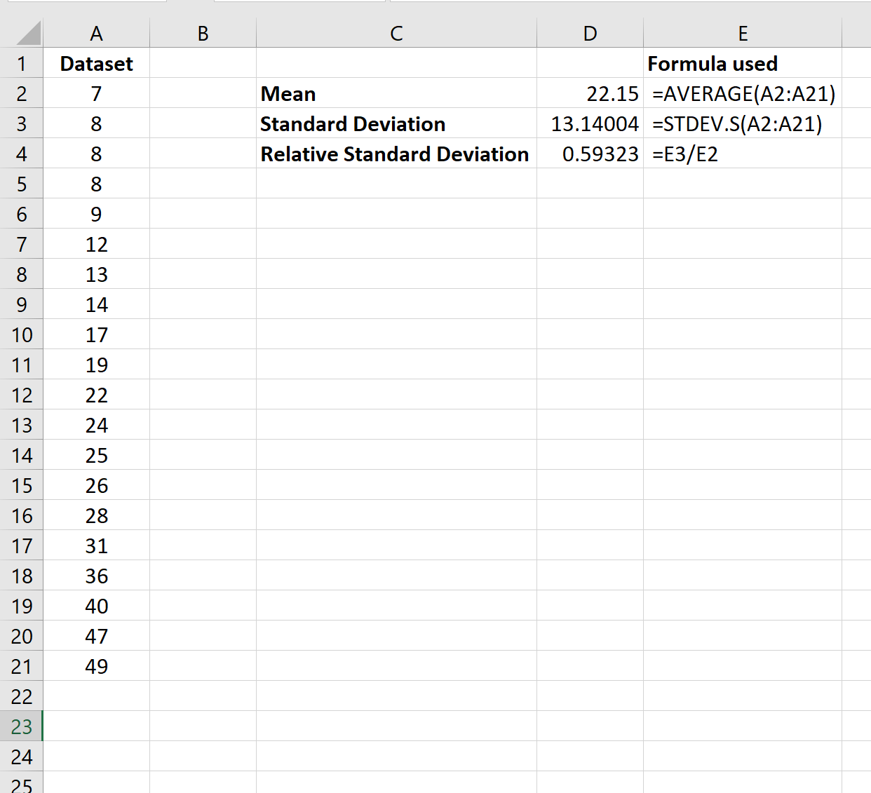 Относительное стандартное отклонение в Excel
