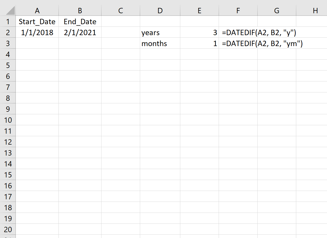 Разница в годах и месяцах между двумя датами в Excel
