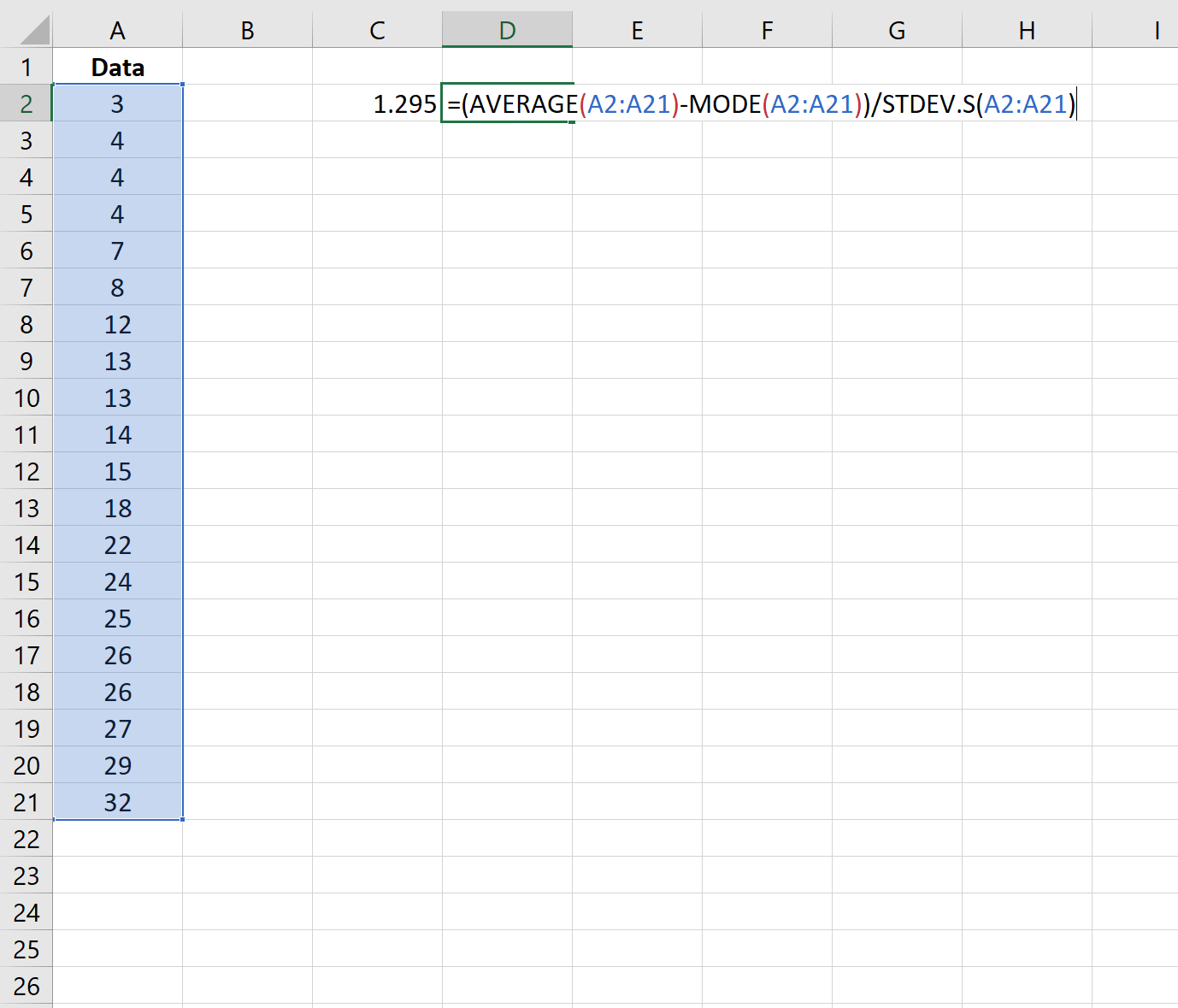 Коэффициент асимметрии Пирсона в Excel