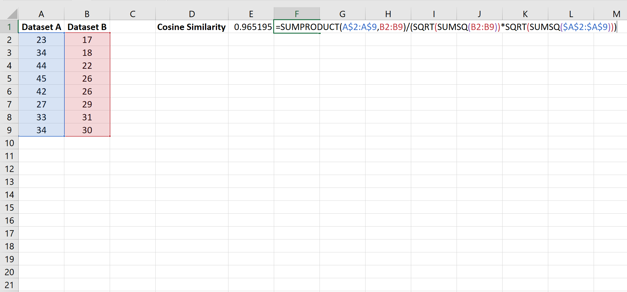 формула подобия косинуса в Excel