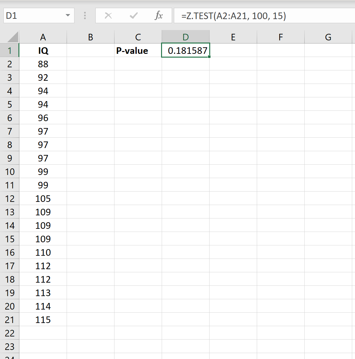Один образец z-теста в Excel