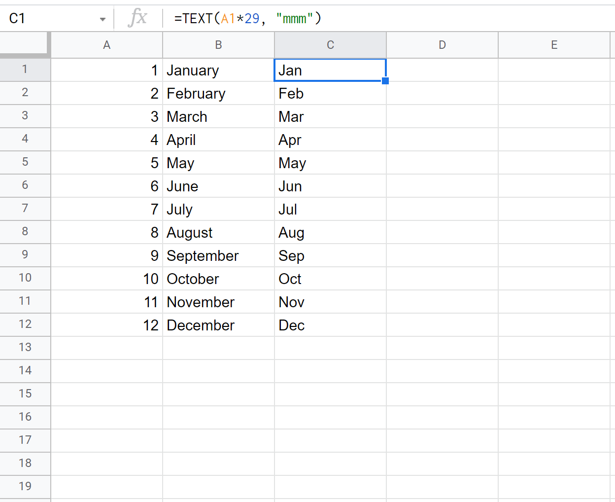 преобразовать номер месяца в сокращенное название месяца в Google Sheets