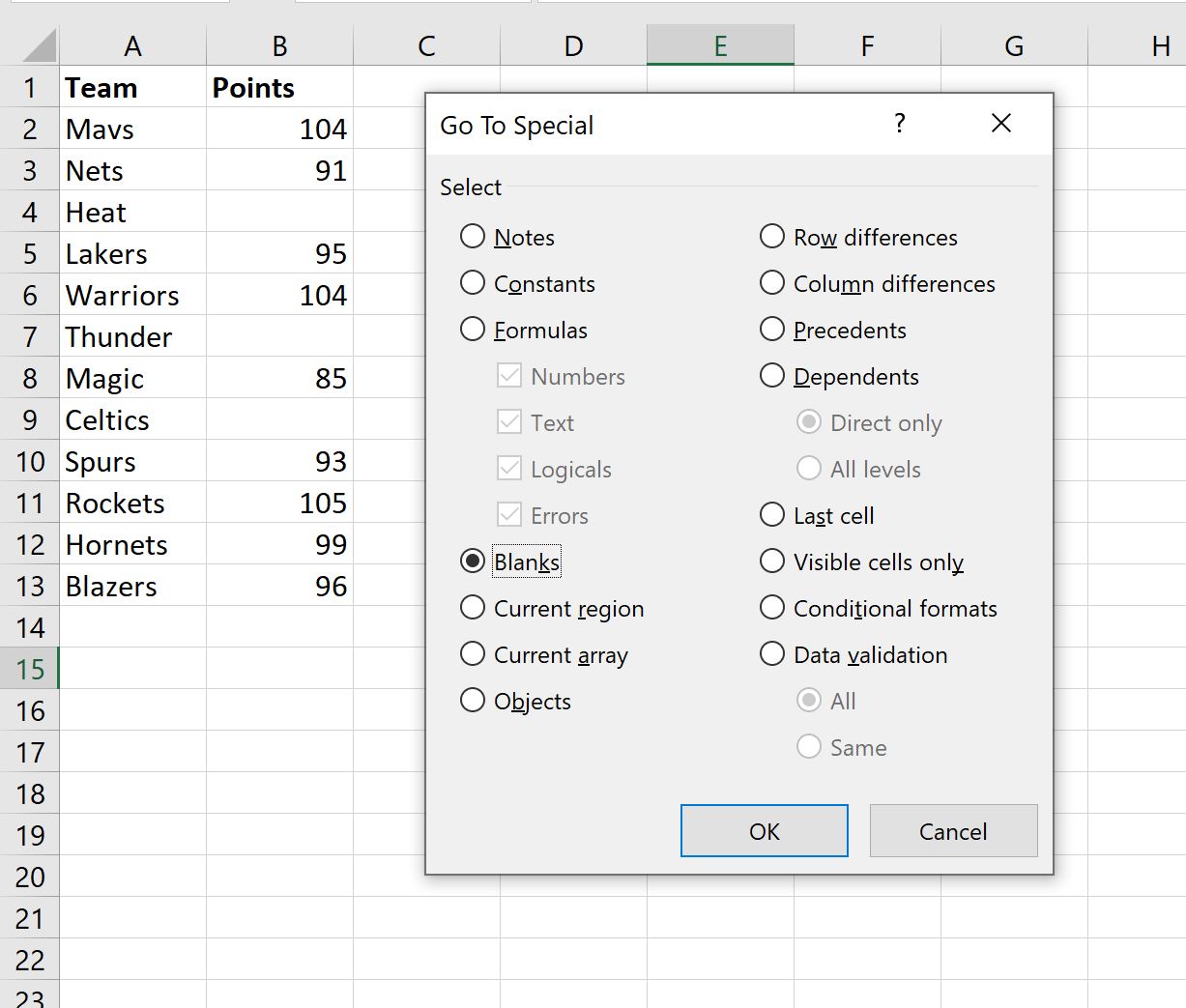 заменить пробелы нулем в Excel