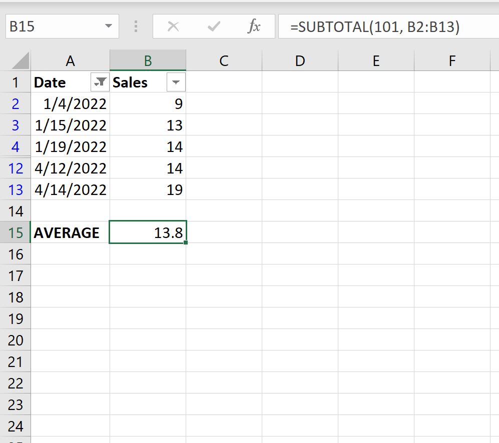 Среднее значение отфильтрованных строк Excel
