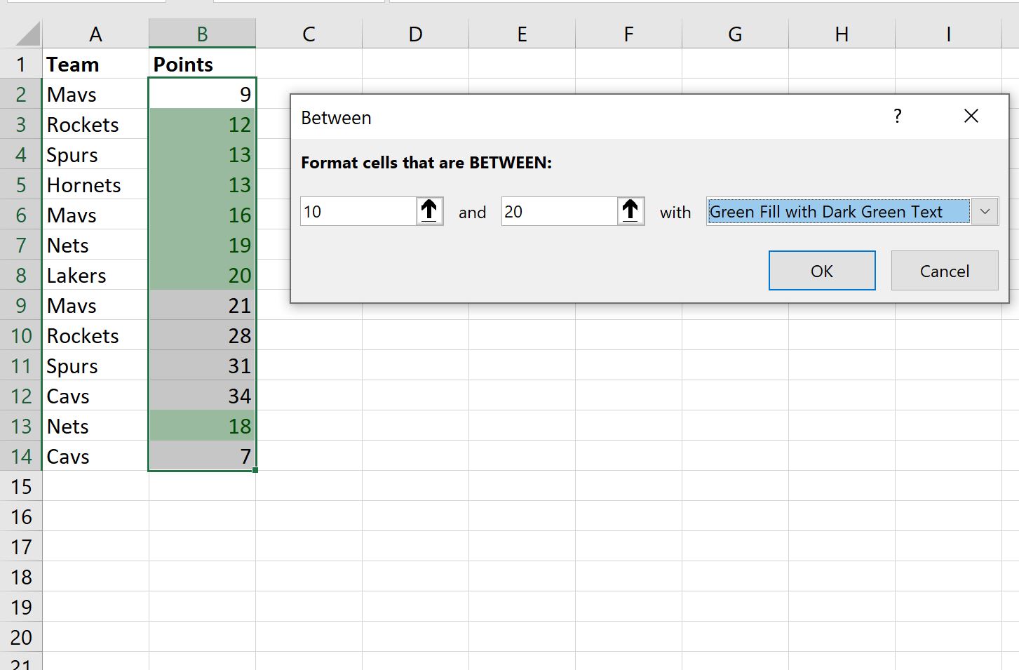условное форматирование между двумя значениями в Excel