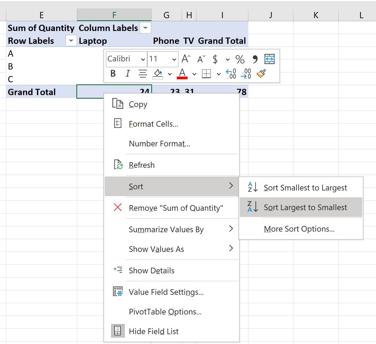 Excel отсортировать сводную таблицу по общему итогу