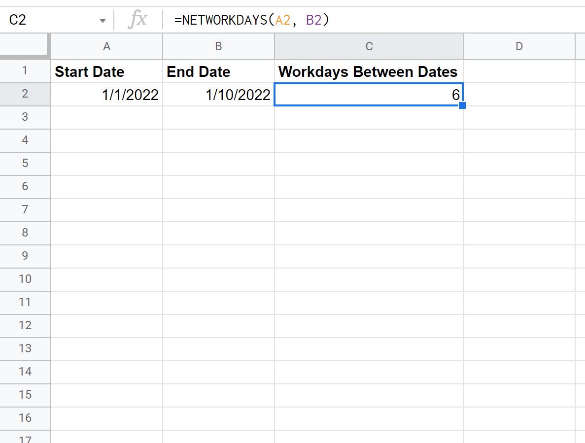 рабочие дни между двумя датами в Google Sheets