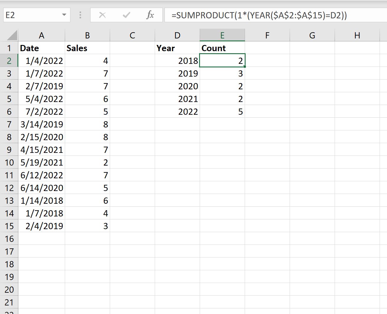 Подсчет Excel по годам