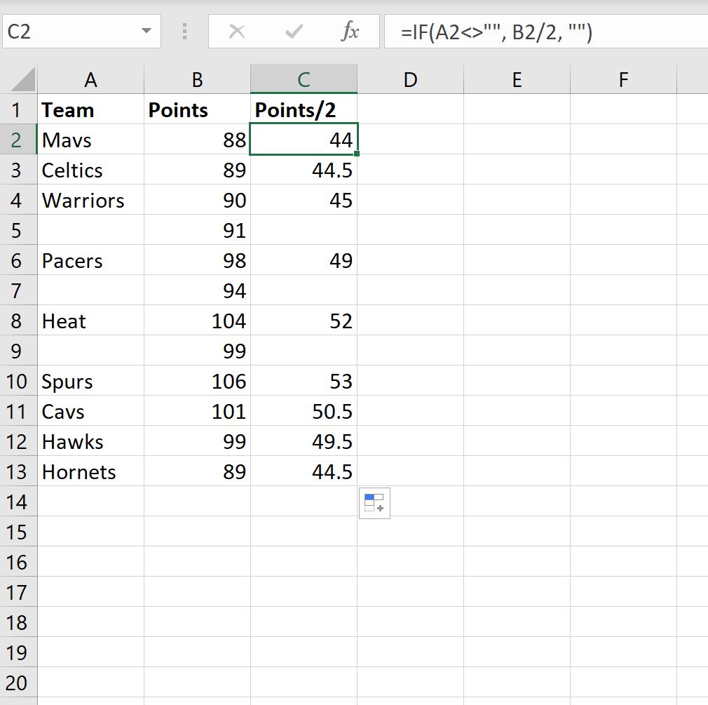 Формула Excel для «если не пусто»